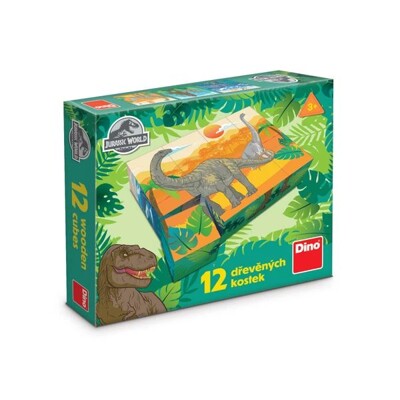 Dřevěné obrázkové kostky - Jurský svět (12 kostek)